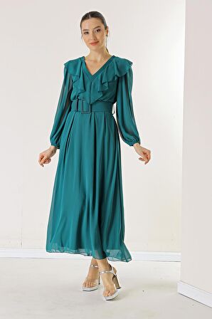 Yakası Volanlı Bantlı Beli Kemerli Astarlı Şifon Elbise