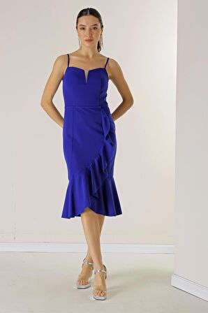 İp Askılı Eteği Volanlı Astarlı Krep Elbise