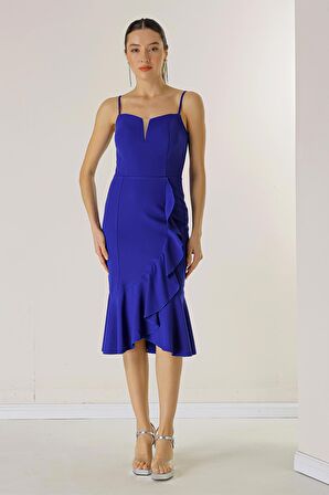 İp Askılı Eteği Volanlı Astarlı Krep Elbise