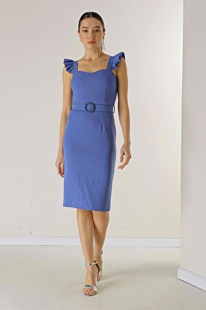 Askıları Fırfırlı Glop Detaylı Astarllı Beli Kemerli Krep Elbise