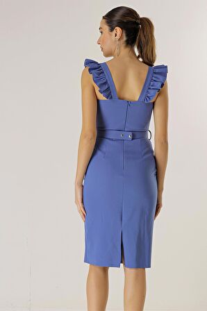 Askıları Fırfırlı Glop Detaylı Astarllı Beli Kemerli Krep Elbise