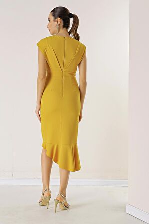 Kruvaze Yaka Önü Volanlı Astarlı Krep Elbise