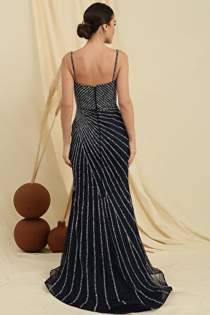 İp Askılı Önü Yırtmaçlı Astarlı Taş İşlemeli Balık Elbise