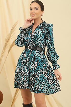 Kruvaze Polo Yaka Beli Kemerli Astarlı Leopar Desenli Saten Elbise