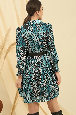 Kruvaze Polo Yaka Beli Kemerli Astarlı Leopar Desenli Saten Elbise