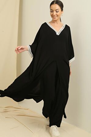 Dantel Detaylı Cepli Uzun Tunik Beli Lastikli Pantolon Oversize 2'li Viskon Takım