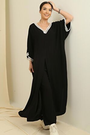 Dantel Detaylı Cepli Uzun Tunik Beli Lastikli Pantolon Oversize 2'li Viskon Takım