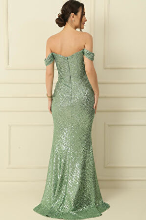 Kalın Askılı Astarlı Önü Büzgülü Pulpayet Uzun Elbise