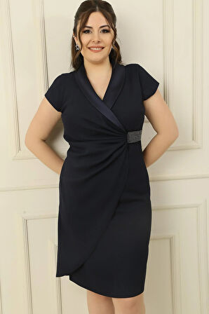 Tırnak Kol Beli Taşlı Astarlı Büyük Beden Krep Elbise