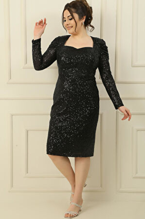 Beşgen Yaka Omuzları Büzgülü Astarlı Büyük Beden Pulpayet Elbise