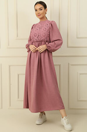 Güpürlü Keten Efekt Uzun Elbise