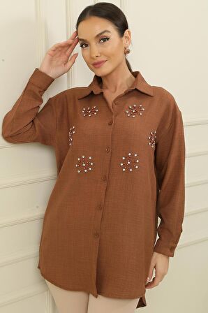 İnci-Taş Detaylı Keten Efekt Gömlek