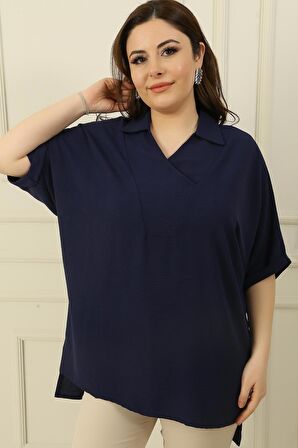 Kruvaze Polo Yaka Kısa Kollu Ayrobin Büyük Beden Bluz