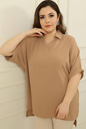 Kruvaze Polo Yaka Kısa Kollu Ayrobin Büyük Beden Bluz
