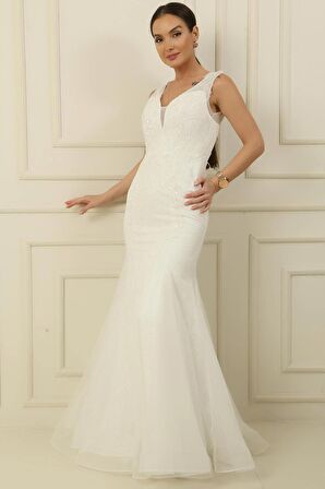 Pul Ve Boncuklu Astarlı Arkası Bağlamalı Simli Uzun Balık Elbise