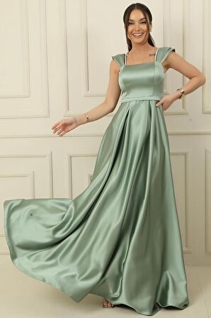 Askılı Taş Detaylı Kare Yaka Astarlı Uzun Saten Elbise