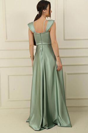 Askılı Taş Detaylı Kare Yaka Astarlı Uzun Saten Elbise