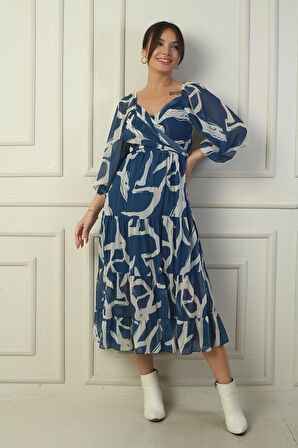 Madonna Yaka Astarlı Çapraz Bağlamalı Soyut Desen Kruvaze Şifon Elbise