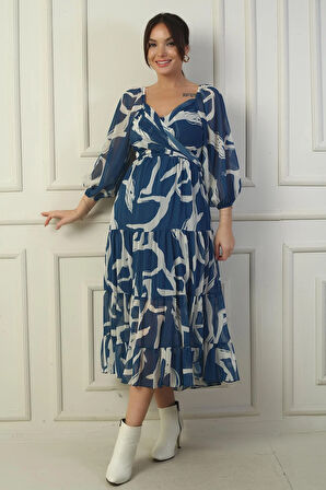 Madonna Yaka Astarlı Çapraz Bağlamalı Soyut Desen Kruvaze Şifon Elbise