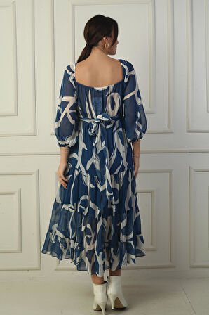 Madonna Yaka Astarlı Çapraz Bağlamalı Soyut Desen Kruvaze Şifon Elbise