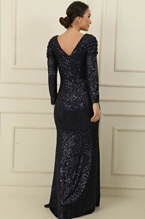 Kruvaze Yaka Önü Drapeli Astarlı Pulpayet Uzun Elbise