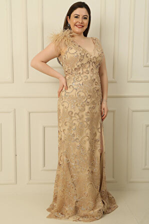 Tek Omuz Tüylü Boncuk-Pul İşlemeli Astarlı Büyük Beden Balık Elbise