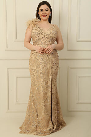 Tek Omuz Tüylü Boncuk-Pul İşlemeli Astarlı Büyük Beden Balık Elbise