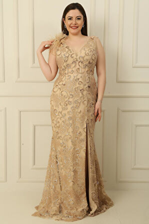 Tek Omuz Tüylü Boncuk-Pul İşlemeli Astarlı Büyük Beden Balık Elbise