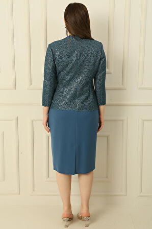 Yaka Taşlı Astarlı Krep Elbise Pulpayet Ceket Büyük Beden İkili Takım