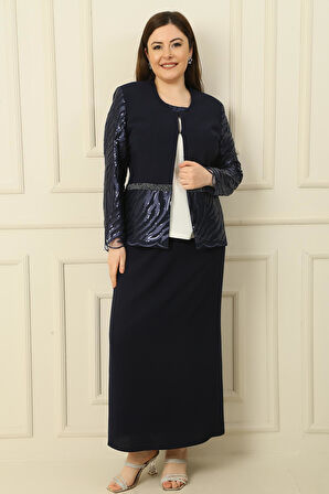 İçi Yarım Ay Kol Bluz Pul NakışişlemeBoncuk Detaylı Ceket Etek Astarlı Büyük Beden 3'lü Takım