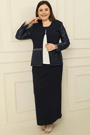 İçi Yarım Ay Kol Bluz Pul NakışişlemeBoncuk Detaylı Ceket Etek Astarlı Büyük Beden 3'lü Takım