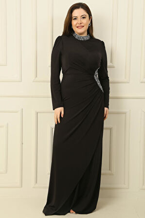 Yakası Ve Yanı Taşlı Astarlı Büzgülü Kristal Uzun Büyük Beden Tesettür Elbise