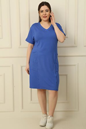 V Yaka Cepleri Taşlı Büyük Beden Viskon Elbise