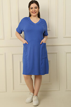 V Yaka Cepleri Taşlı Büyük Beden Viskon Elbise