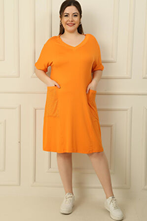 V Yaka Cepleri Taşlı Büyük Beden Viskon Elbise