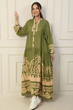 Önü Yarım Düğmeli Kolu Lastikli Empirme Tesettür Uzun Elbise