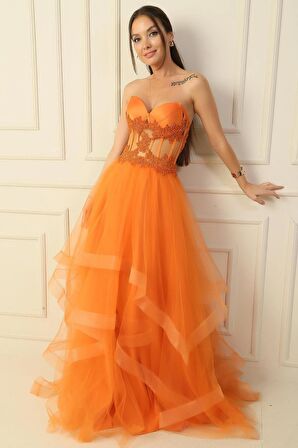 Üstü Boncuk İşlemeli Transparan Kat Kat Tül Tafta Uzun Abiye Elbise