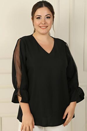 V Yaka Yarı Organze Krep B.B. Bluz