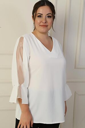 V Yaka Yarı Organze Krep B.B. Bluz