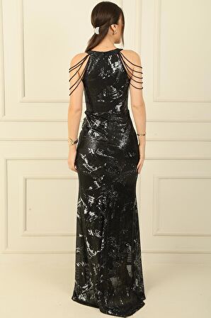 Halter Yaka Kol Sıralı Boncuk Detaylı Pulpayet Balık Elbise