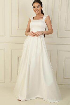 Askılı Taş Detaylı Kare Yaka Astarlı Uzun Saten Elbise