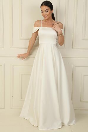 Askılı Taş Detaylı Kare Yaka Astarlı Uzun Saten Elbise