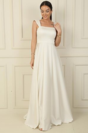 Askılı Taş Detaylı Kare Yaka Astarlı Uzun Saten Elbise