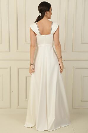 Askılı Taş Detaylı Kare Yaka Astarlı Uzun Saten Elbise