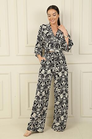 Ön Arka V Yaka Crop Beli Lastikli Cepli Palazzo Pantolon Çiçekli 2'li Takım