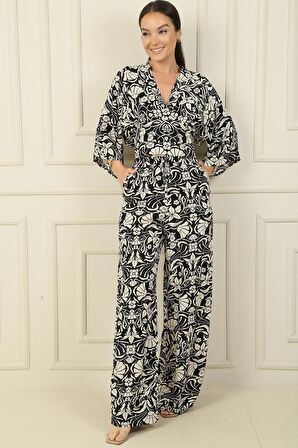 Ön Arka V Yaka Crop Beli Lastikli Cepli Palazzo Pantolon Çiçekli 2'li Takım