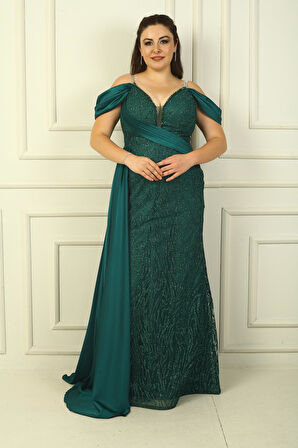 Zincir Askılı Ön Arka V Yaka Düşük Kollu Simli Flok Baskılı Astarlı Uzun Balık Elbise