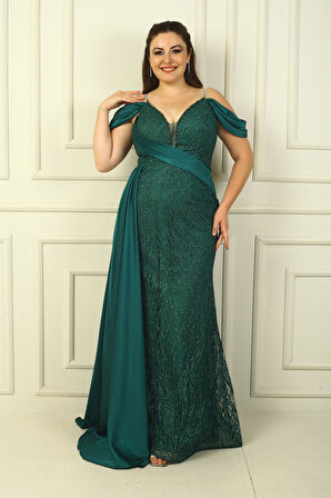 Zincir Askılı Ön Arka V Yaka Düşük Kollu Simli Flok Baskılı Astarlı Uzun Balık Elbise