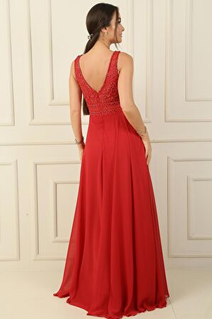 Ön Arka V Yaka Üst Boncuklu Çiçek Motifli Astarlı Uzun Şifon Abiye Elbise