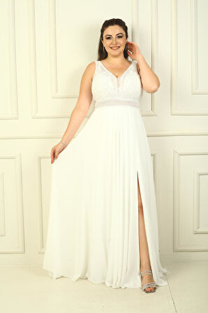 Ön Arka V Yaka Üst Boncuklu Çiçek Motifli Astarlı Uzun Şifon Abiye Elbise